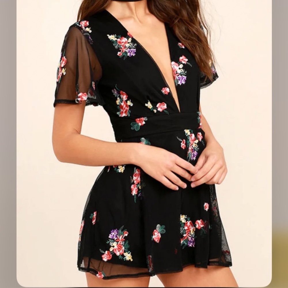Lulus Picking Wildflowers Black Floral Lace Romper